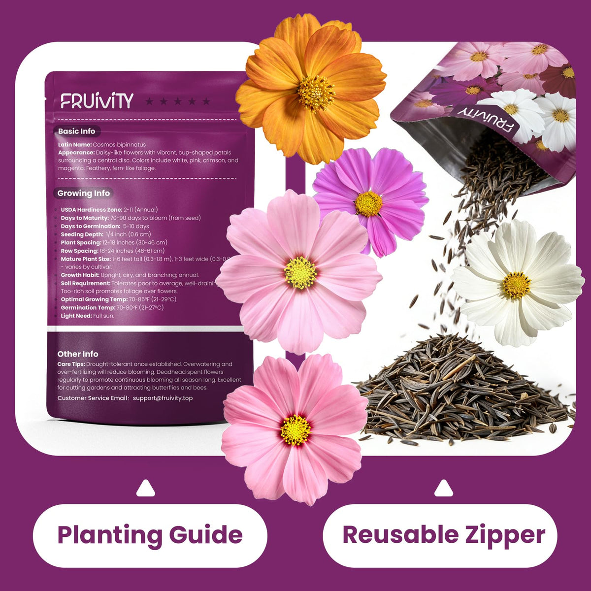 Fruivity Cosmos Seeds Mix is ideal for outdoor landscapes, borders, and containers.