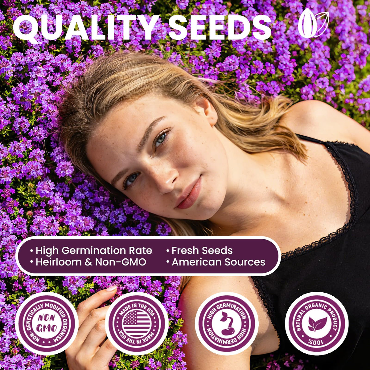 Fruivity creeping thyme seeds pink-lavender blooms attract pollinators.