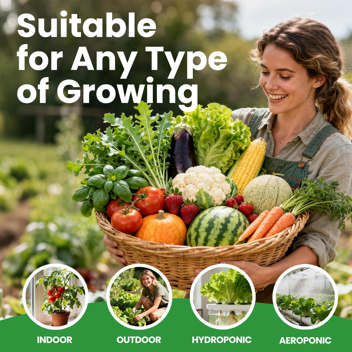 Fruivity seeds illustrate garden bed, container, and hydroponics growing options.