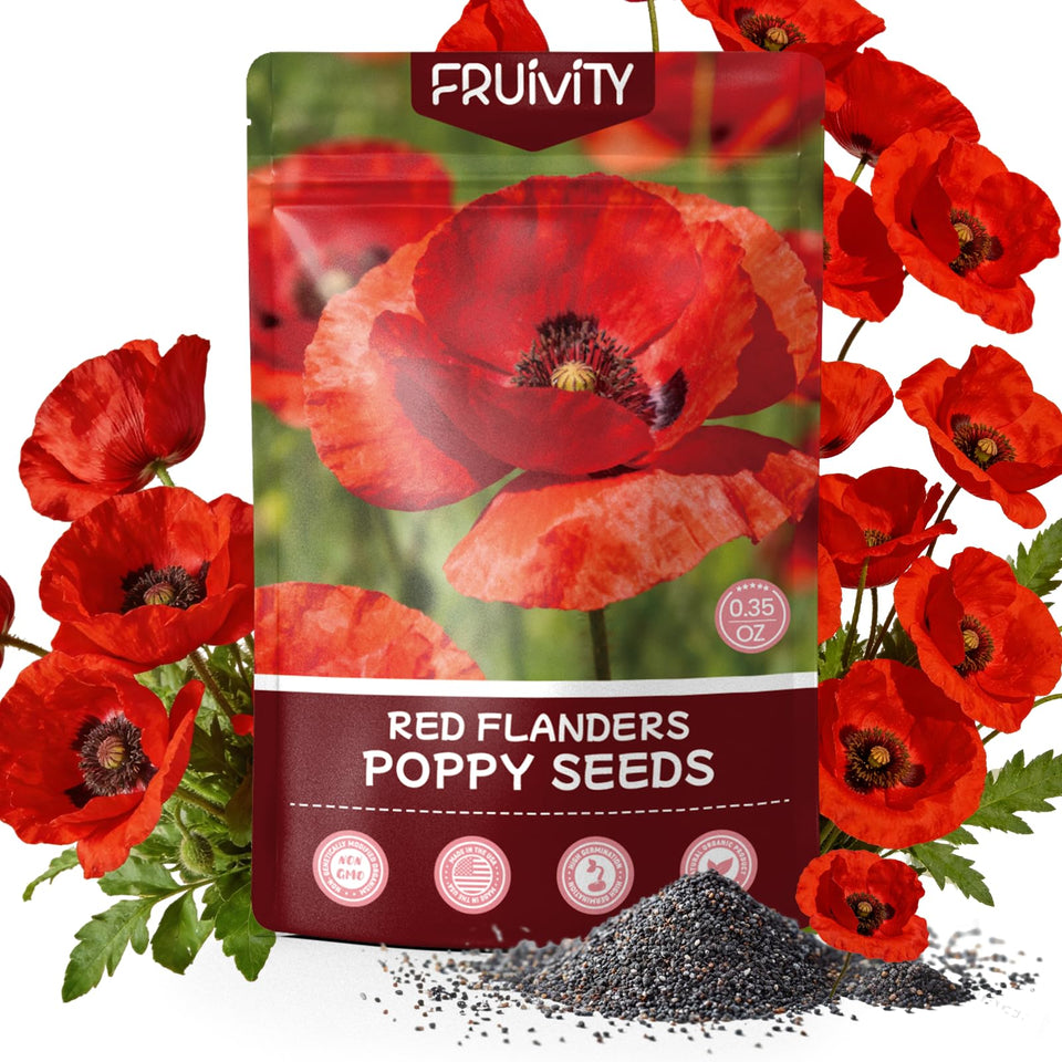 Fruivity Red Poppy Seeds in a front-facing packet, easy to plant for a memorial garden.