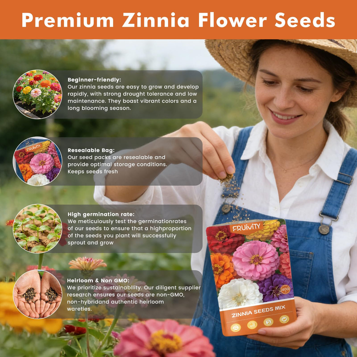 Fruivity Zinnia seeds pictured with continuous bloom along a garden border.