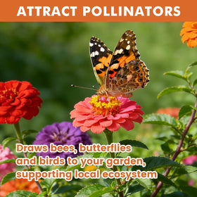 Fruivity Zinnia blooms attracting bees and butterflies in a pollinator border.