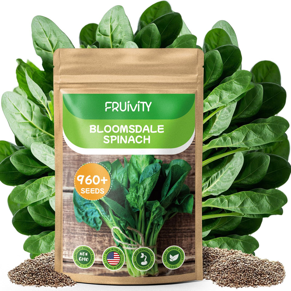 Fruivity Bloomsdale spinach seeds packaging showing 960 seeds for a full-season harvest.