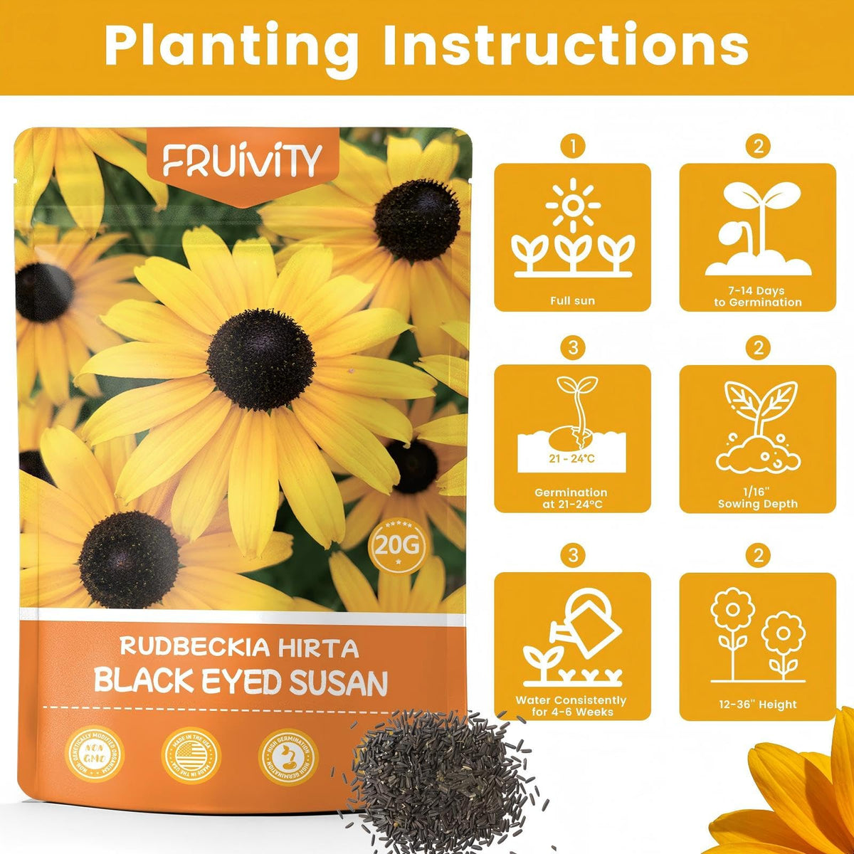 Fruivity Black-Eyed Susan seeds garden setup to attract pollinators in sunny areas.