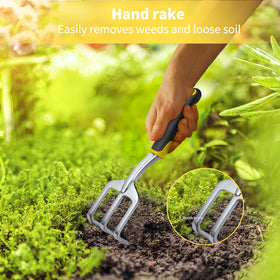 FrutPunch hand rake ergonomic handle in use for weeding