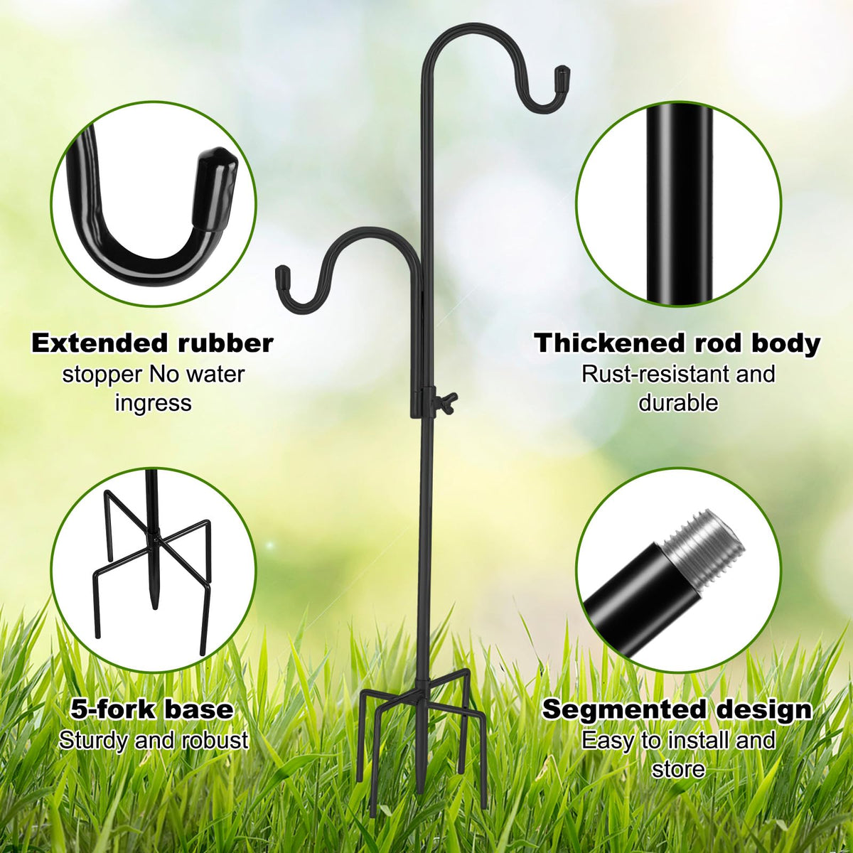 FrutPunch height-adjustable shepherd hook adapts to plant and lantern sizes.