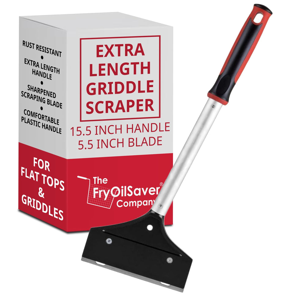 FryOilSaver heavy-duty griddle scraper with long handle for safer cleaning