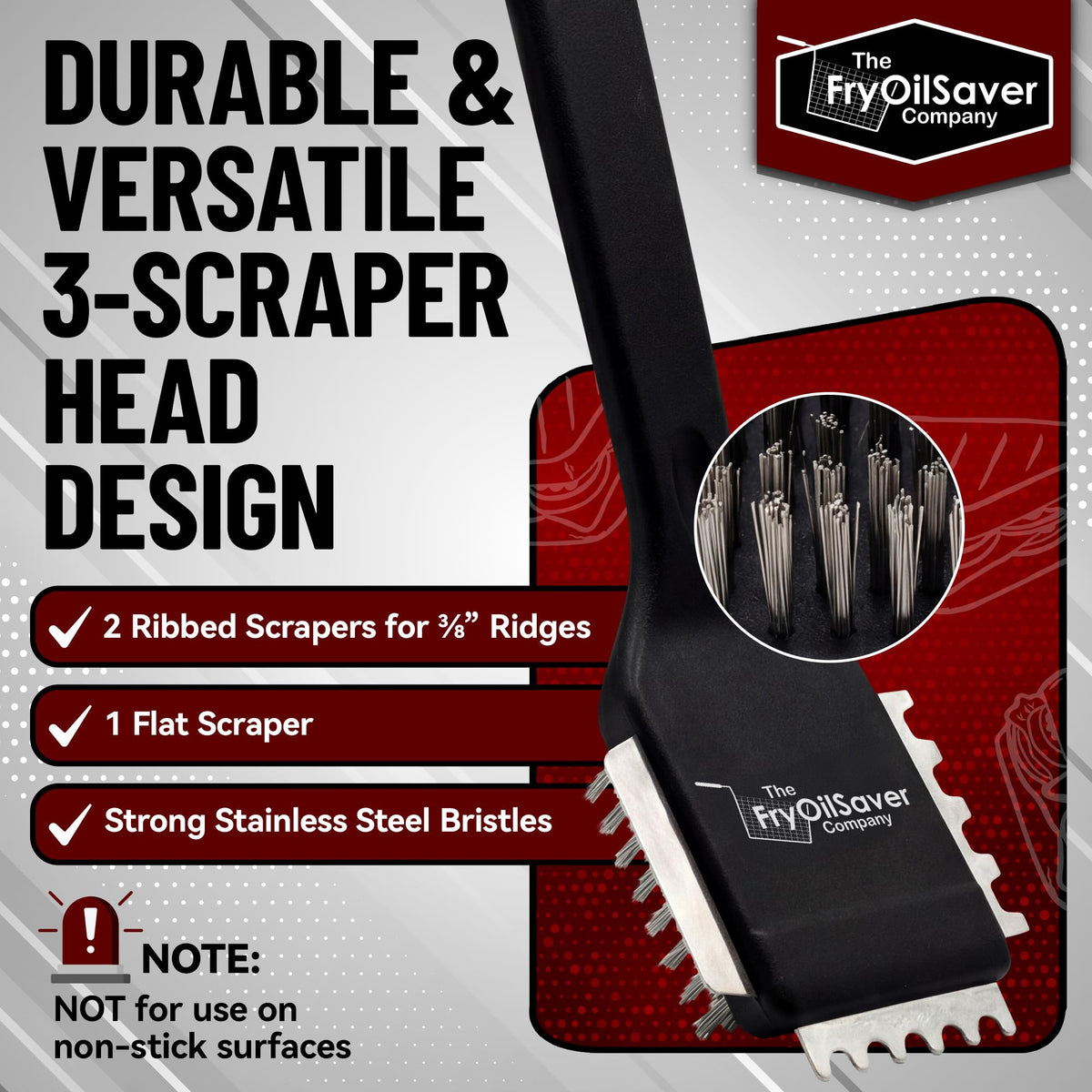 THE FRYOILSAVER COMPANY Panini Brush flat-scraper cleans flat griddles for even residue removal.