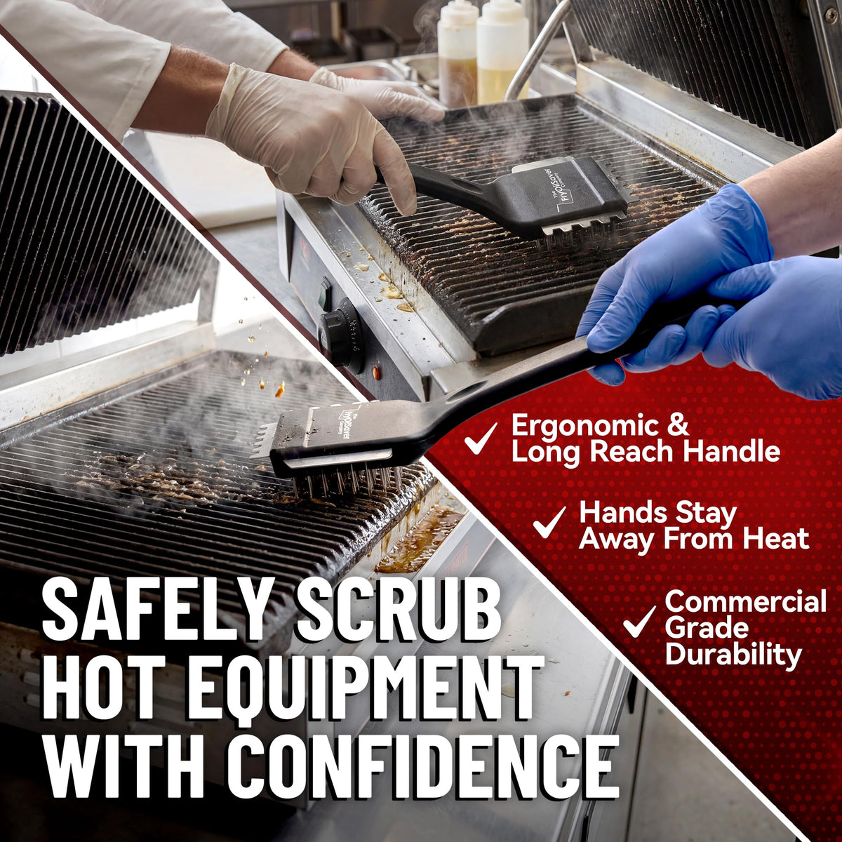 THE FRYOILSAVER COMPANY Panini Brush extended handle keeps hands safe from heat.