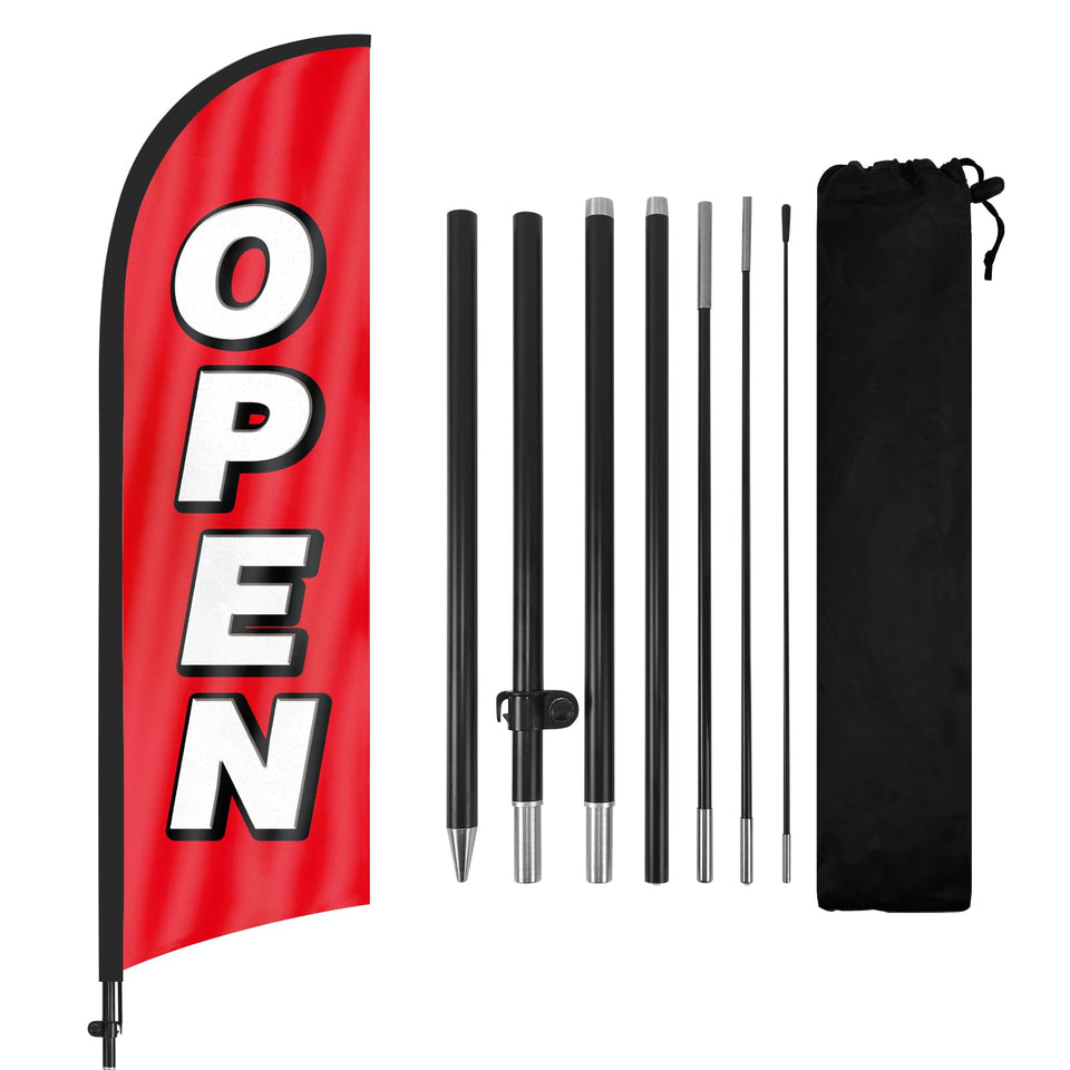 FSFLAG feather flag open sign 8ft stands tall to attract customers from a distance