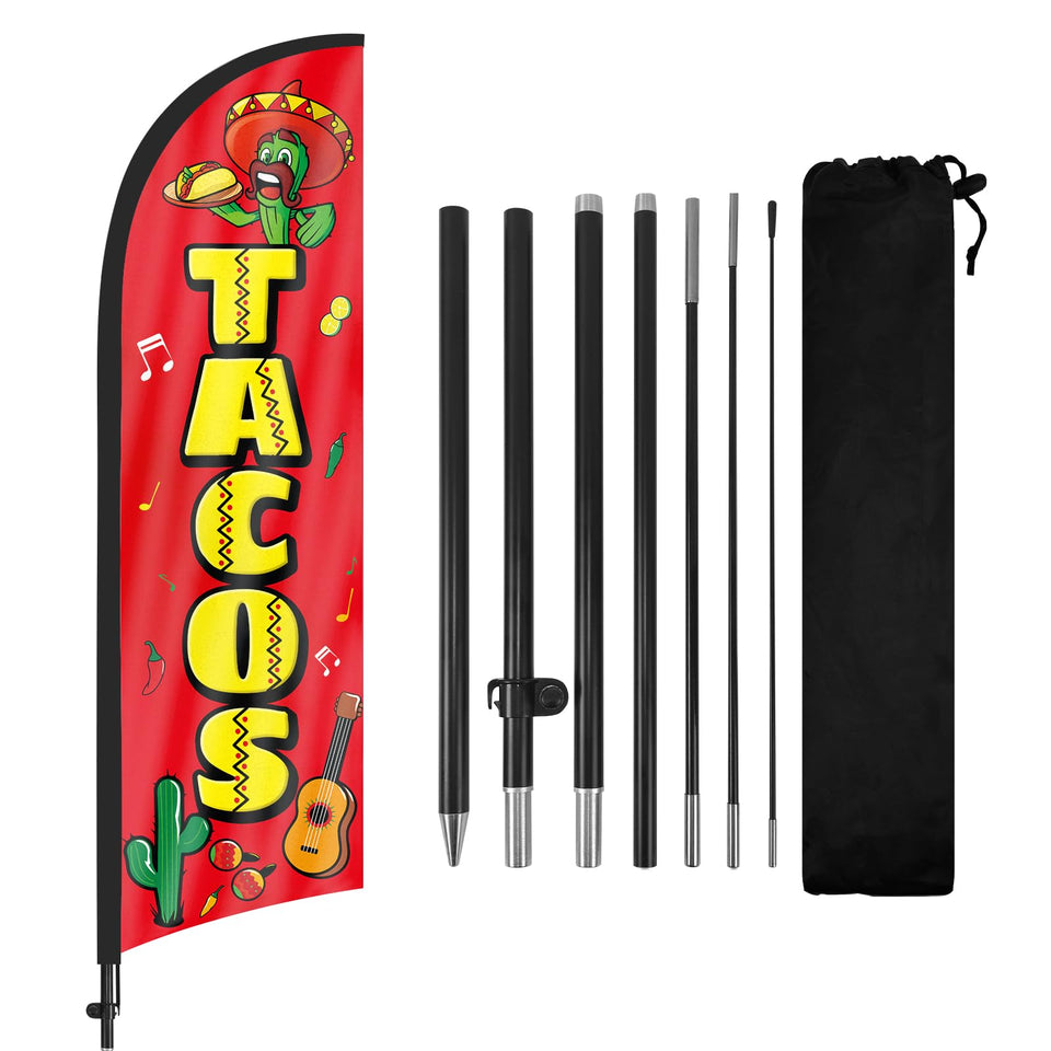 FSFLAG Tacos feather flag 8ft front view boosts visibility for your taco shop