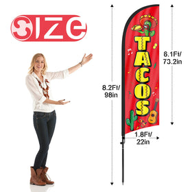 FSFLAG Tacos feather flag 8ft side view catches pedestrians on busy streets