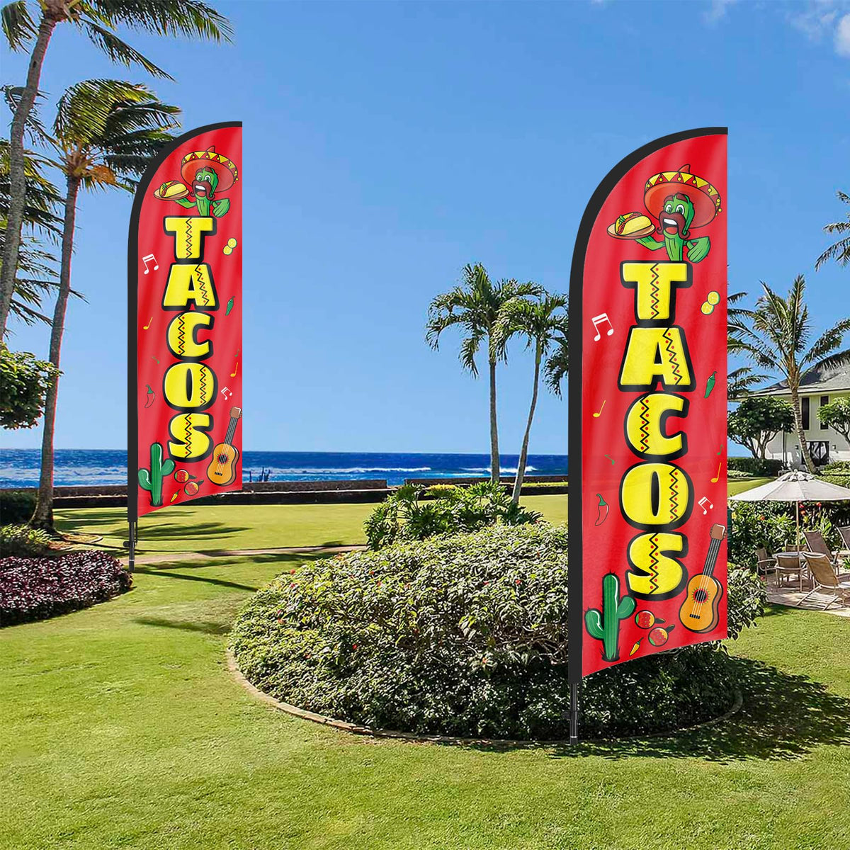 FSFLAG Tacos feather flag festival scene signals food availability