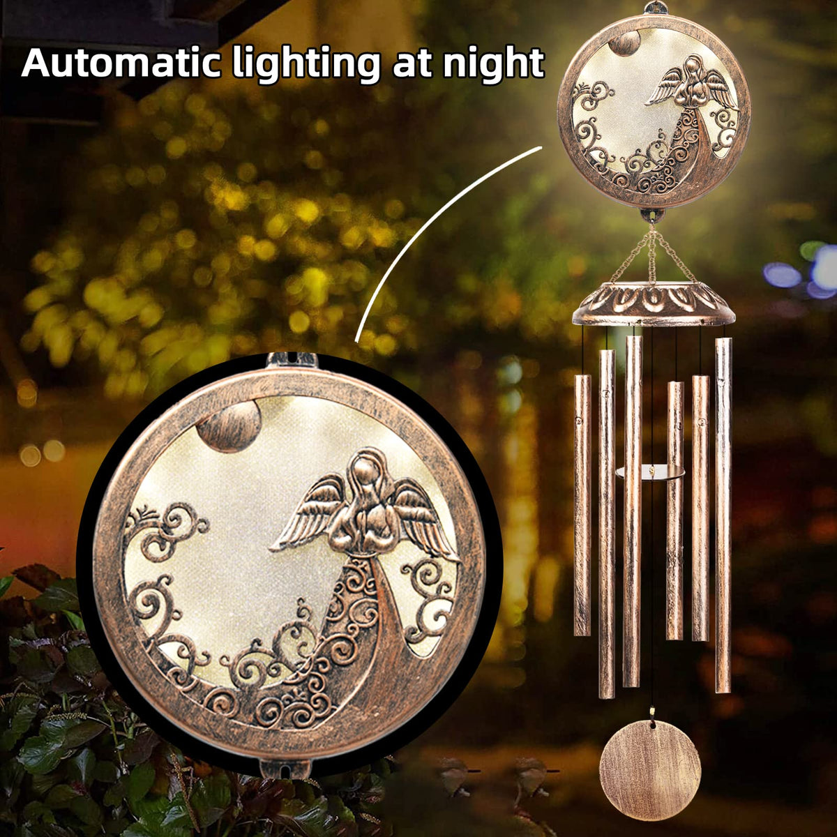 FSVGYY solar angel wind chimes showing waterproof, weatherproof design