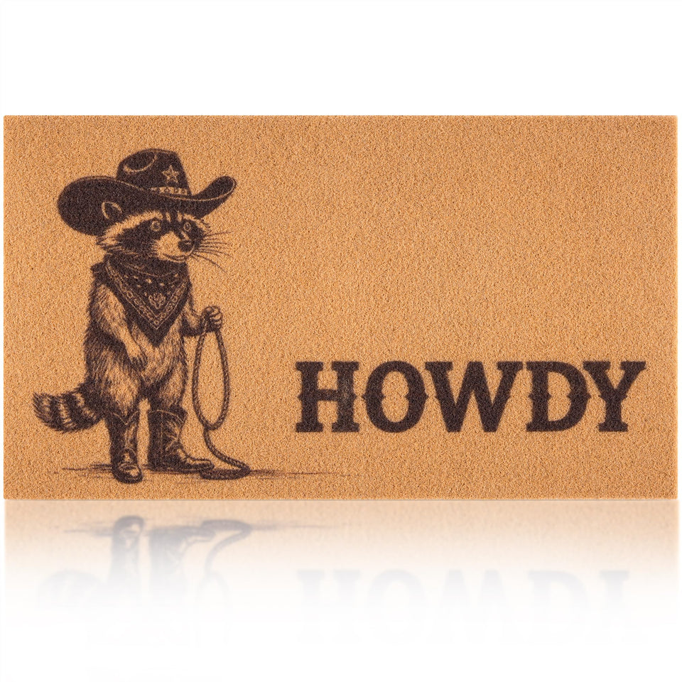 Fttoyoly funny cowboy doormat with raccoon greeting guests with western charm