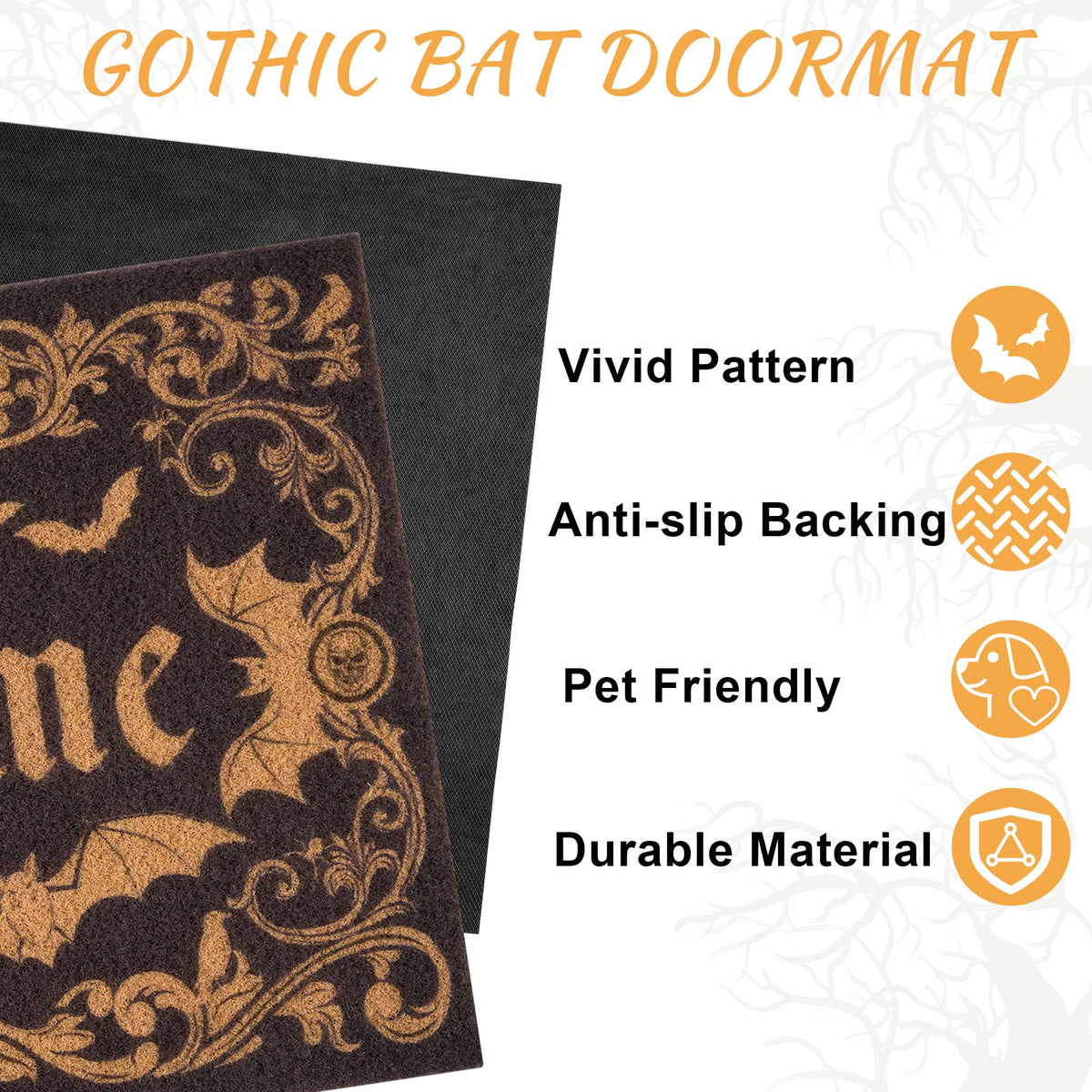 Fttoyoly gothic door mat displays bat central motif for dramatic entry.
