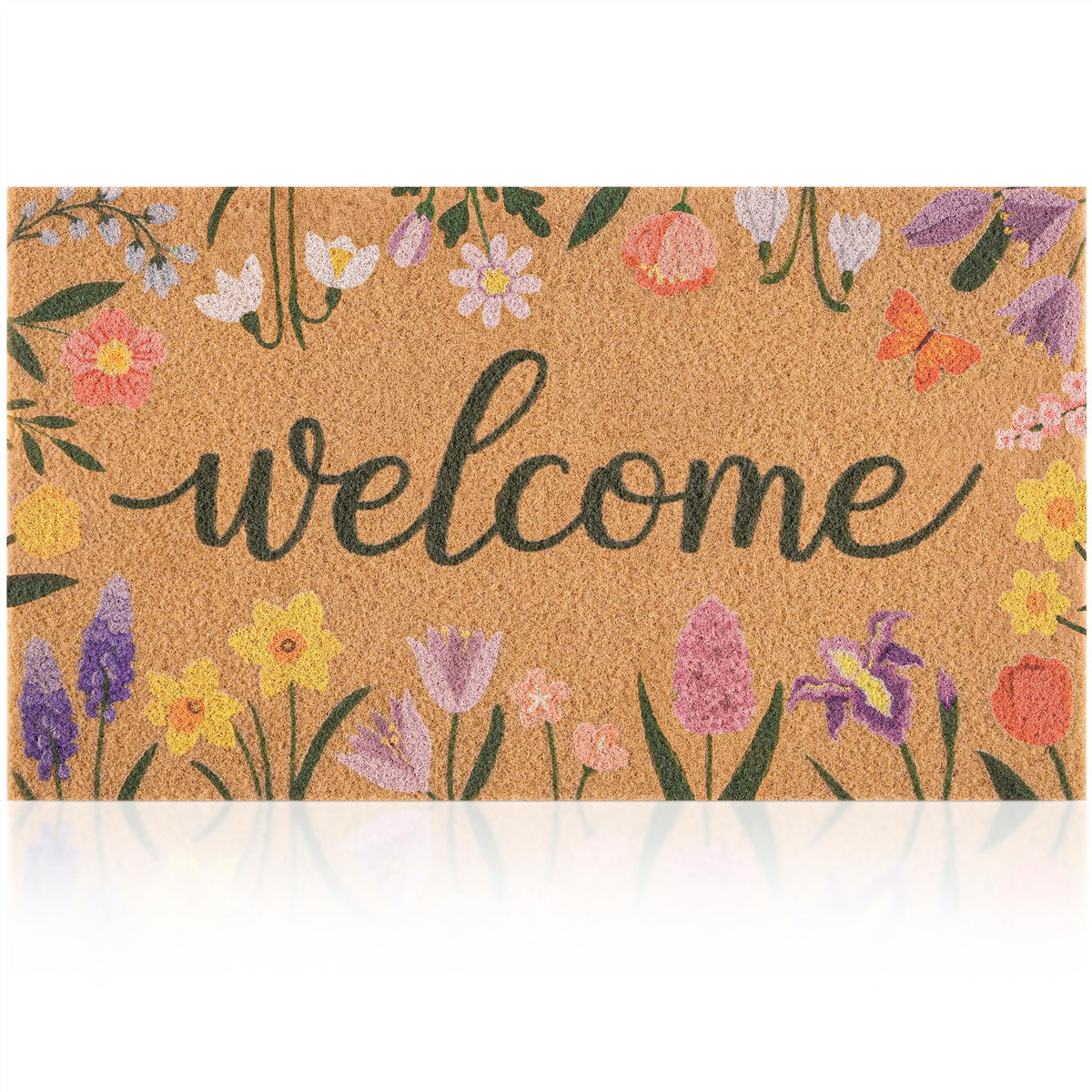 Fttoyoly spring door mat with wildflowers border, front view enhances curb appeal.