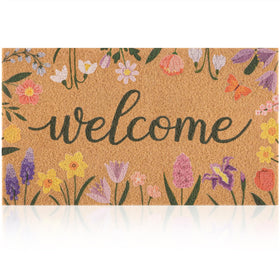 Fttoyoly spring door mat with wildflowers border, front view enhances curb appeal.