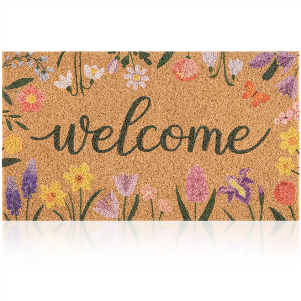 Fttoyoly spring door mat with wildflowers border, front view enhances curb appeal.