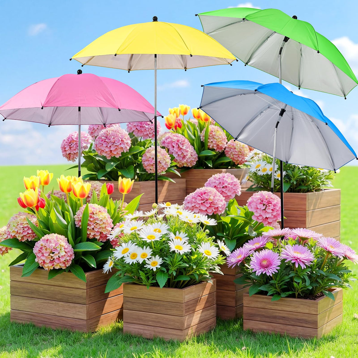 FuBegi four-pack plant umbrella on stakes shielding potted plants from intense sun.