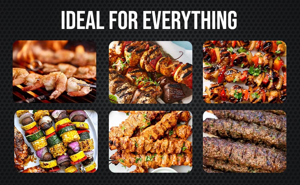 Fuego Grills Skewers 17-inch length for more portions per skewer.