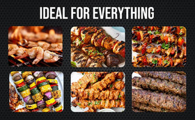 Fuego Grills Skewers 17-inch length for more portions per skewer.