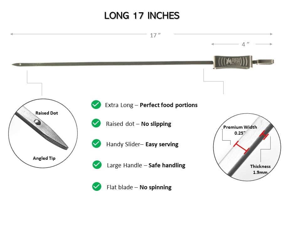 Fuego Grills Skewers made of 304 stainless steel resist rust.