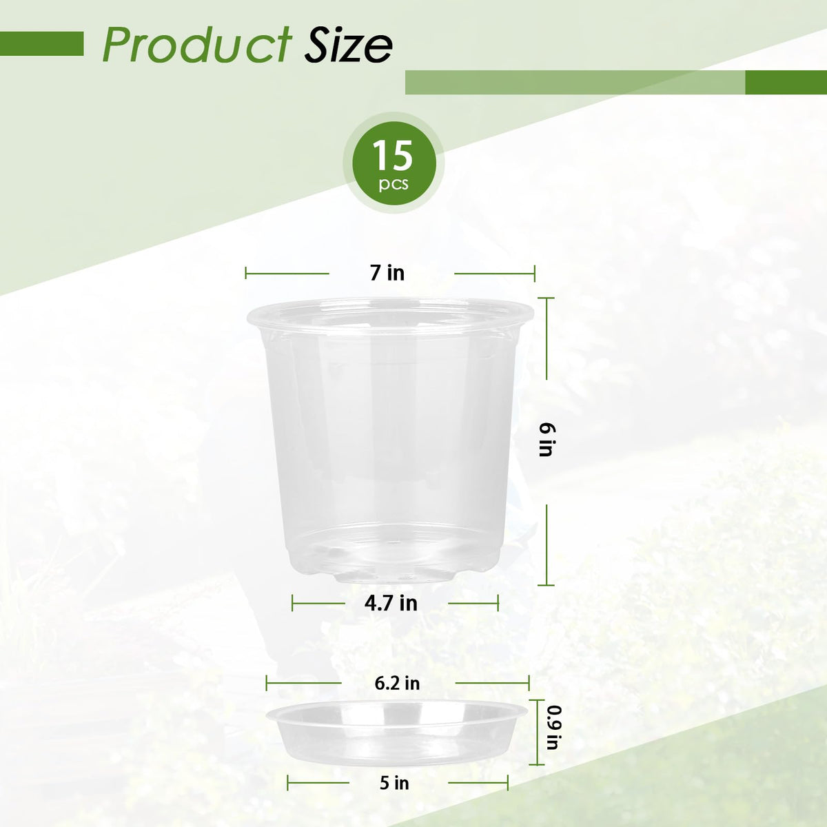 FUIJOL 7-inch clear nursery pot with saucer for spill-free watering.