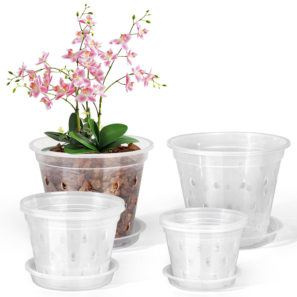 FUIJOL 4 inch clear orchid pot with saucer for root view and drainage