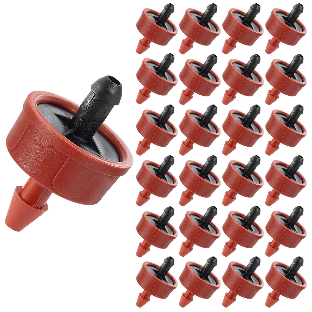 FULAIERGD 1GPH pressure-compensating dripper close-up showing steady water flow
