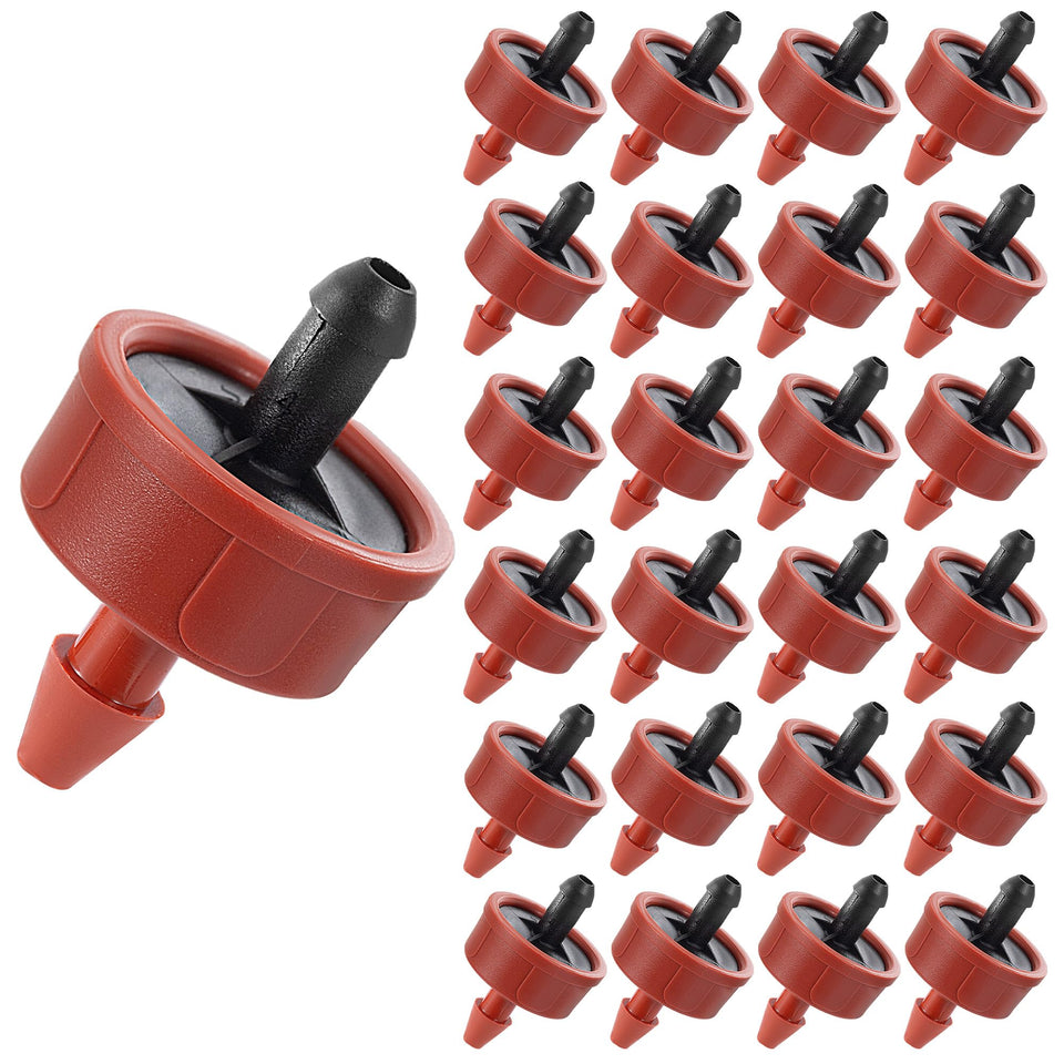 FULAIERGD 1GPH pressure-compensating dripper close-up showing steady water flow