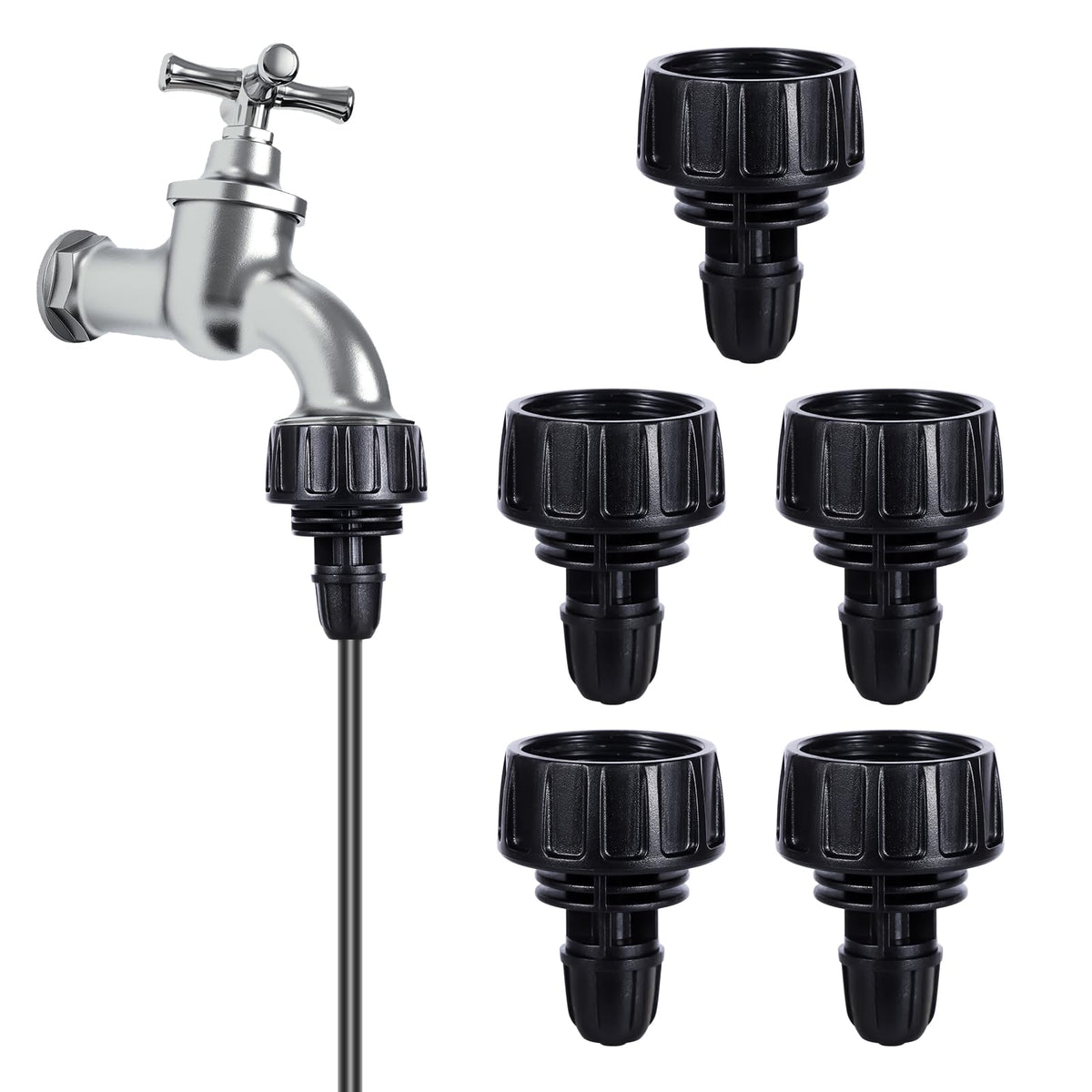 FULAIERGD 34-to-14 drip irrigation adapter ready to connect 1/4 inch tubing.