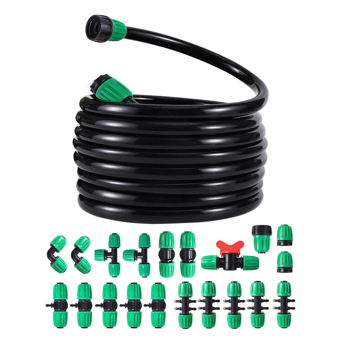 FULAIERGD 52ft pvc garden tubing visible in a drip irrigation setup for efficient watering.