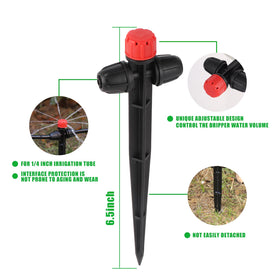 FULAIERGD adjustable 360 degree flow emitter shown on a stake for versatile garden watering