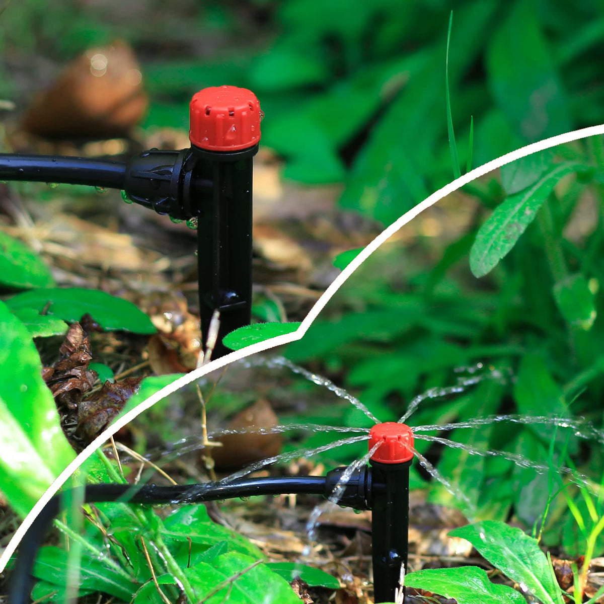 Fulaiergd garden irrigation setup with drip emitters for pots and trees.