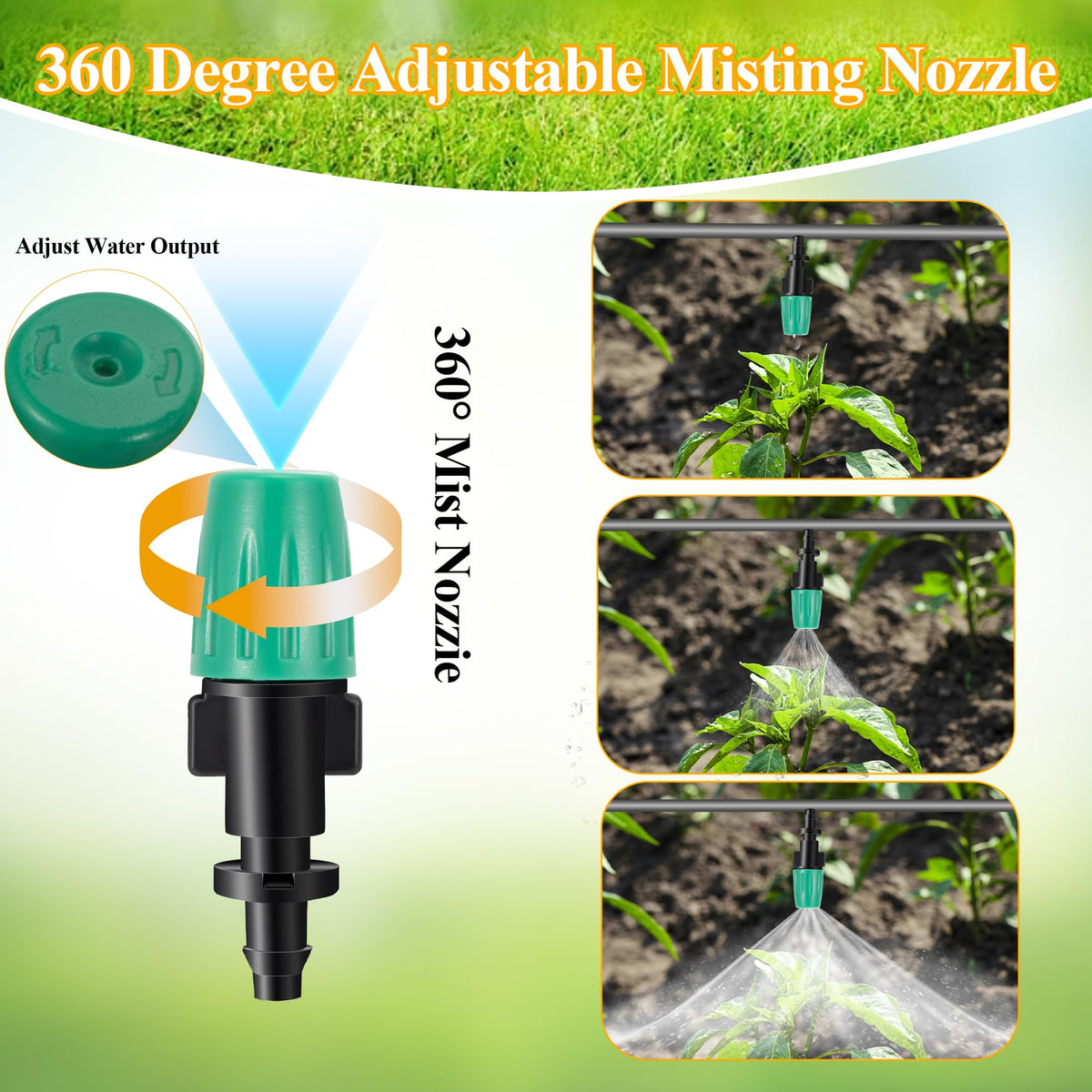 FULAIERGD drip irrigation nozzle 360-degree rotatable for flexible watering.