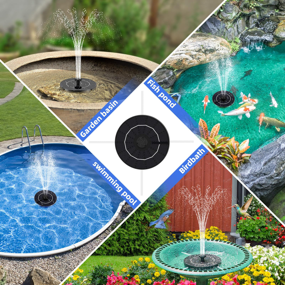 Fulsren solar fountain nozzle set offering varied water sprays for garden displays.