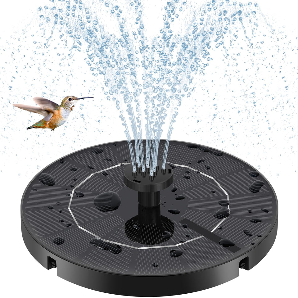 Fulsren solar fountain panel powering quick start-up in bright sun for bird baths.