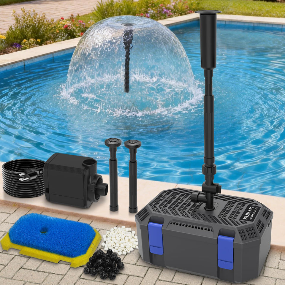 FUMAK Pond Filter & Fountain Kit outdoors to boost garden water feature