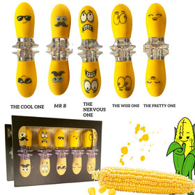 Fumiko unique corn holders demonstrate interlocking design for stable sharing at barbecues.