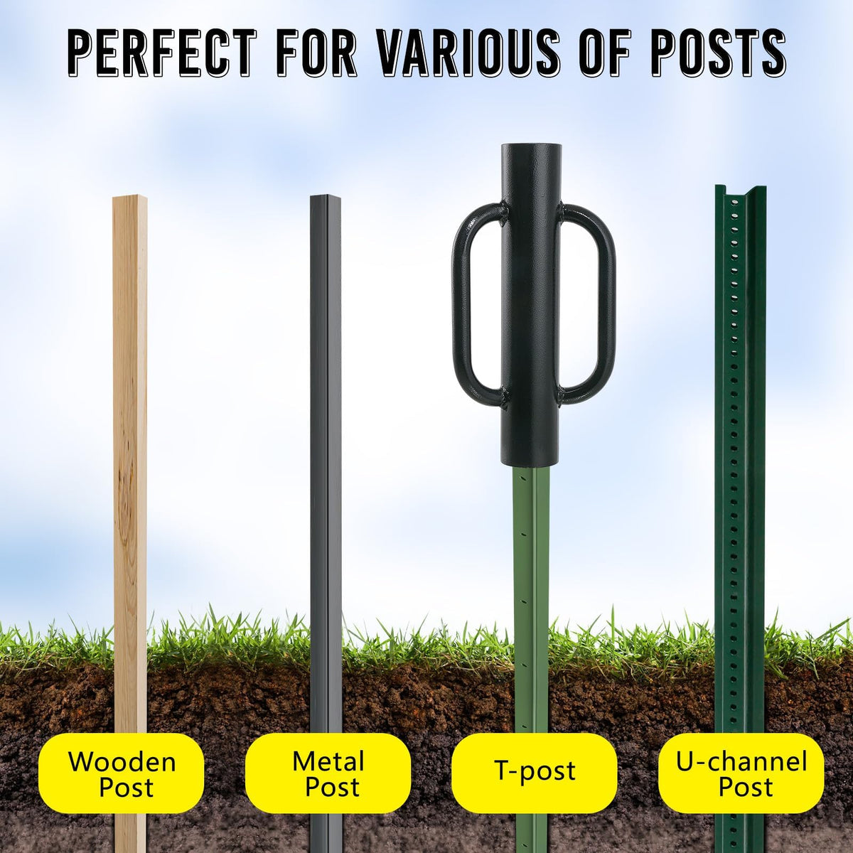 Fumingpal Post Driver in use driving a post into the ground.