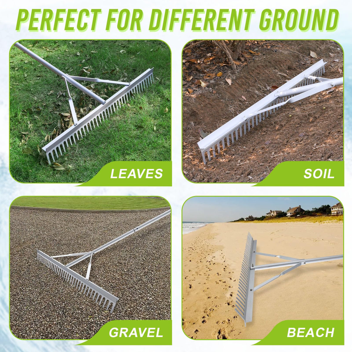 Fumingpal 36-inch wide rake head enables fast landscape work.