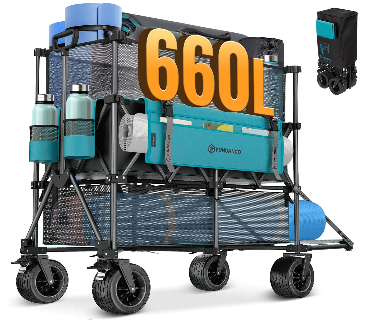 FUNDANGO double-decker wagon with 660L capacity for spacious camping gear transport.