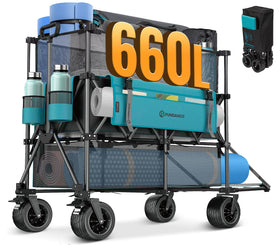 FUNDANGO double-decker wagon with 660L capacity for spacious camping gear transport.