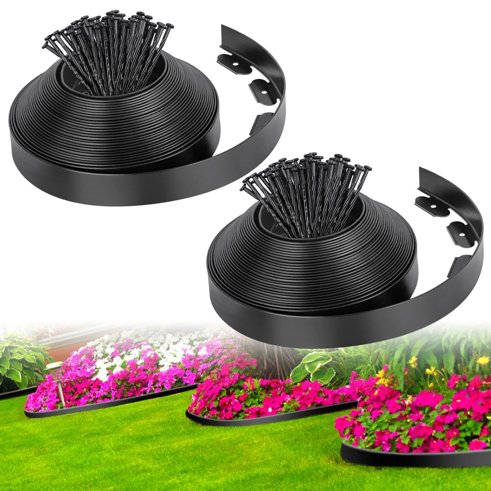 FunFanso edge border 66ft black outlines a flower bed for a crisp, defined lawn edge