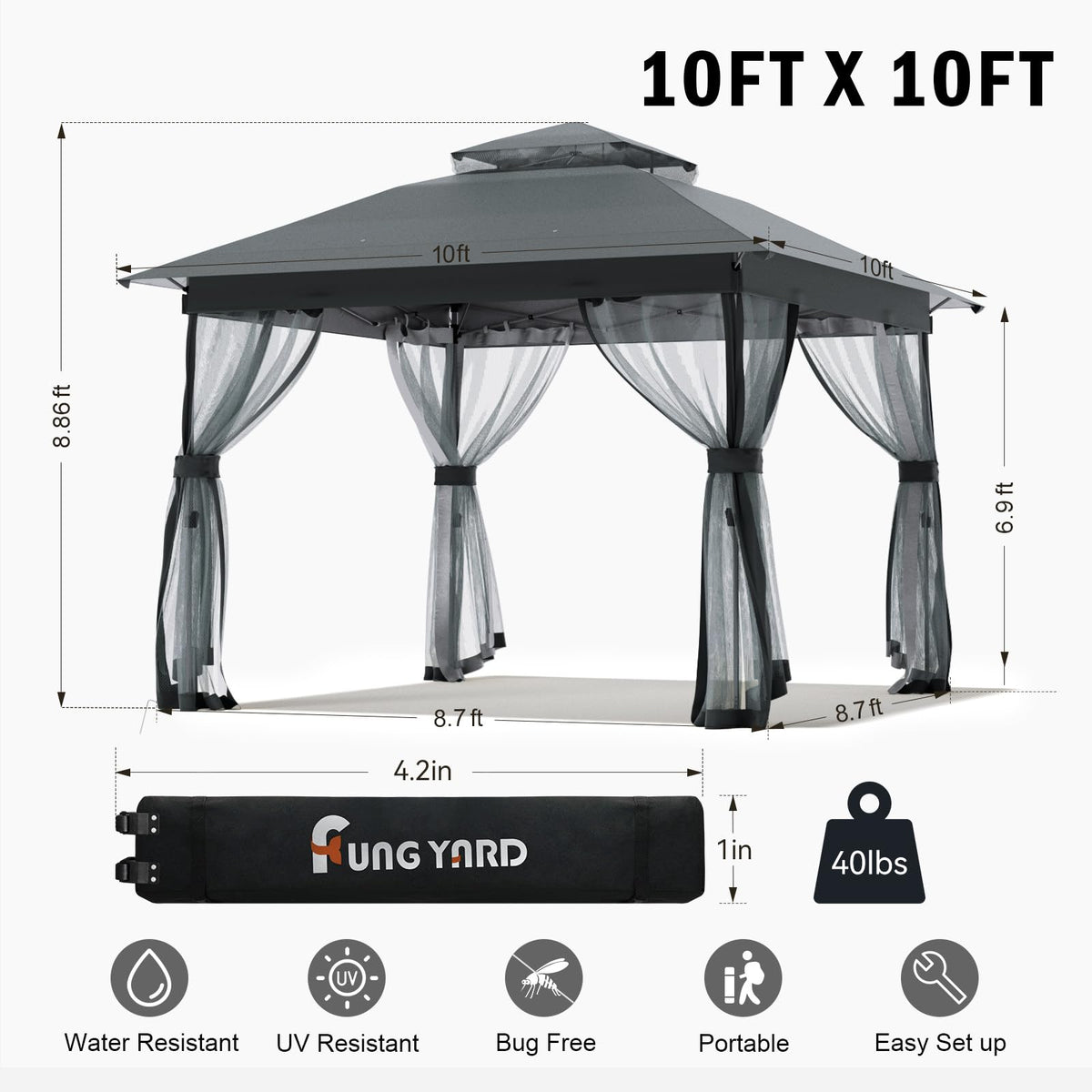 FUNG YARD gazebo breathable mesh walls allow airflow while keeping insects out.