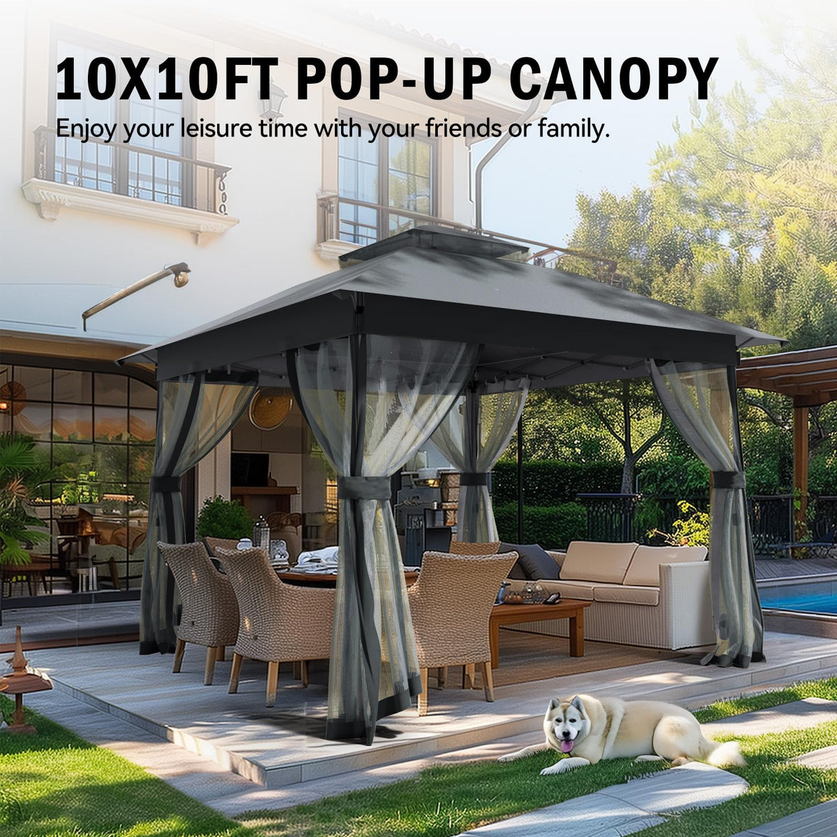 FUNG YARD 10x10 gazebo with dual roof enhances ventilation and rain protection.