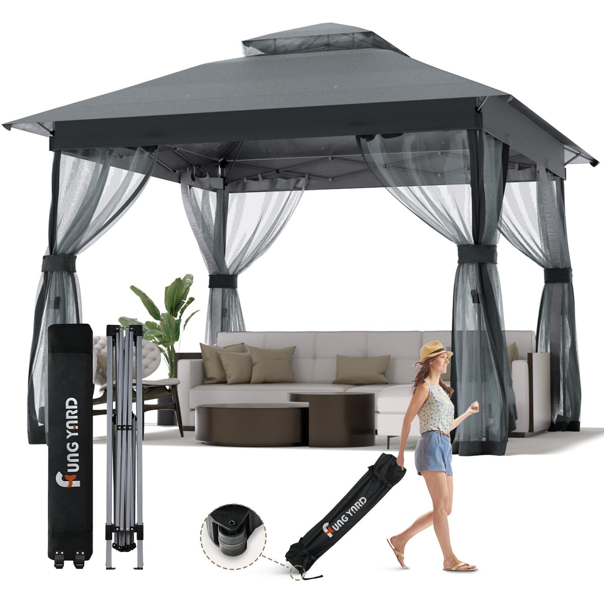 FUNG YARD outdoor pop-up gazebo 10x10 gray top provides instant shade and UV protection.