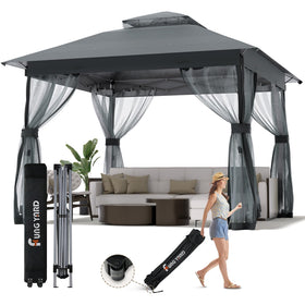FUNG YARD outdoor pop-up gazebo 10x10 gray top provides instant shade and UV protection.