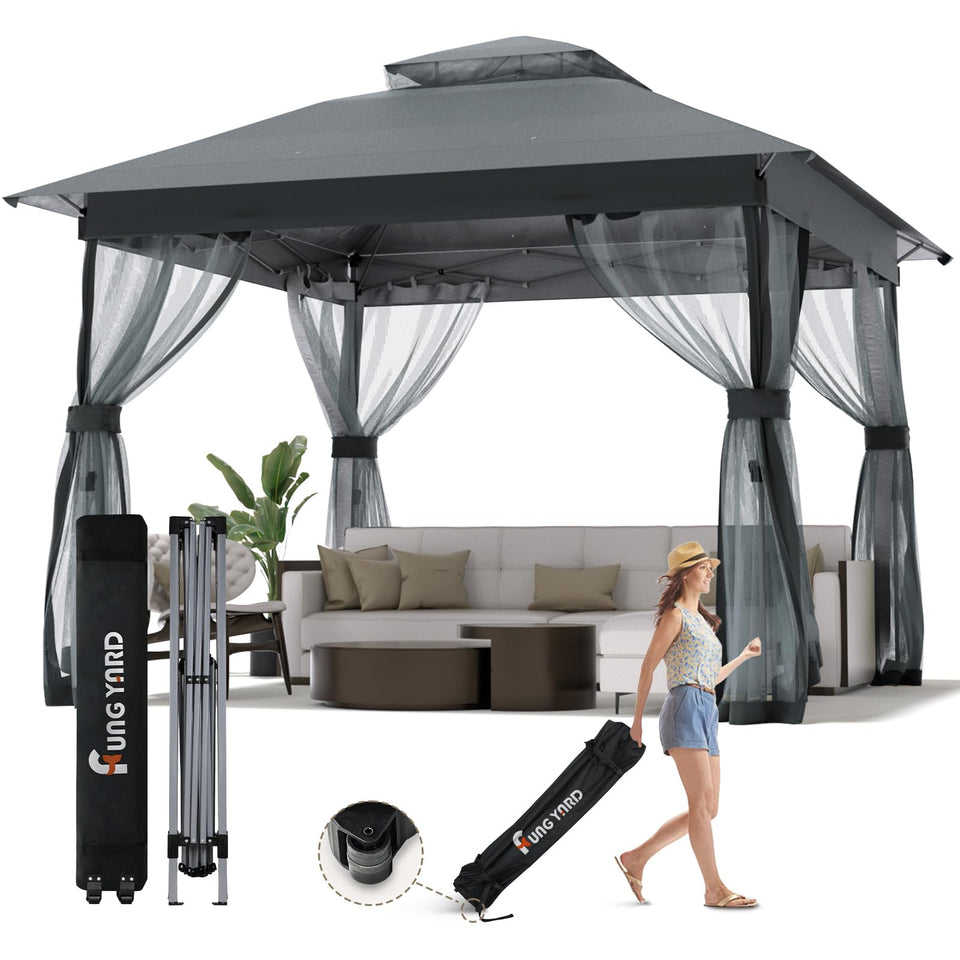 FUNG YARD outdoor pop-up gazebo 10x10 gray top provides instant shade and UV protection.